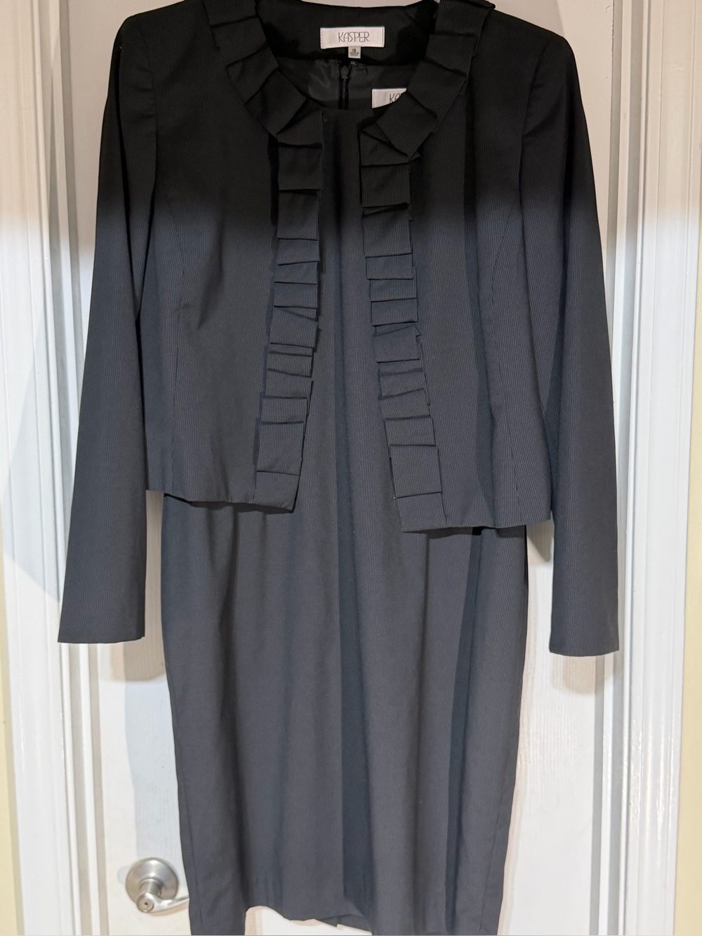 Kasper Black Pinstripe Ruffle-Trim Cropped Jacket and Dress Set. Missing belt.